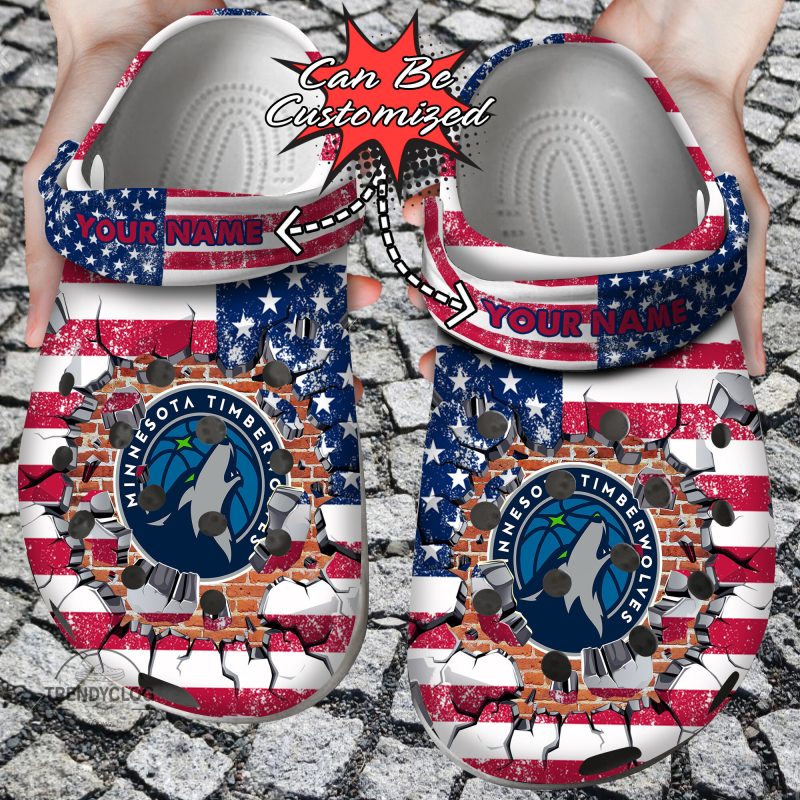 Basketball Personalized MTimberwolves American Flag Breaking Wall Clog Shoes