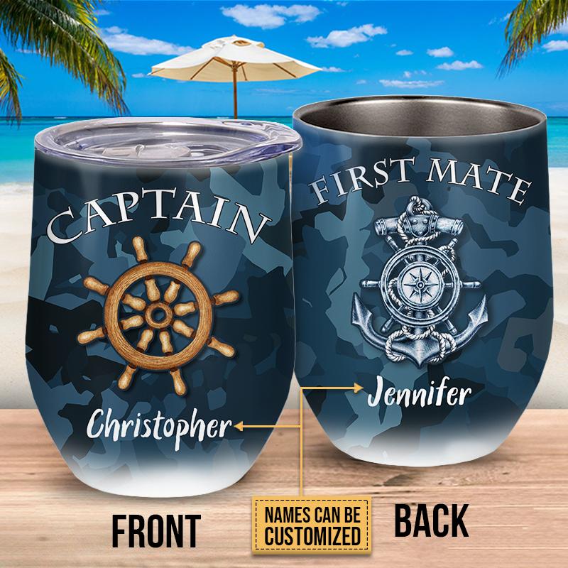 Sailor Camouflage Captain First Mate Custom Wine Tumbler, Sailor Couple Gift