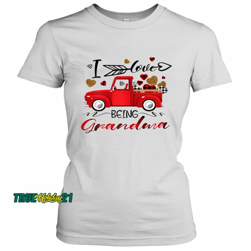 Womens I Love Being Grandma Funny Leopard Red Plaid Truck Hearts Women’s T-Shirt