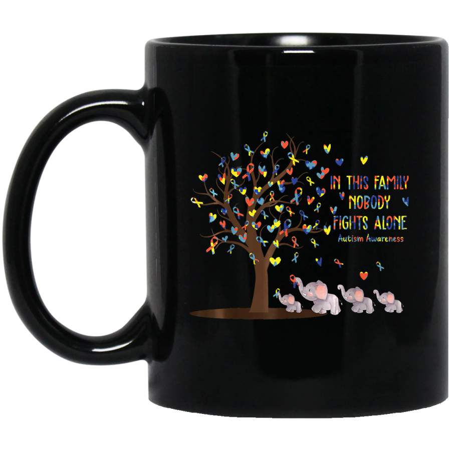 Nobody Fights Alone Elephants Autism Awareness 11oz 15oz Black Mug Idea 2nd April Puzzle Ribbon Support Autism Dad Mom Kids Autistic