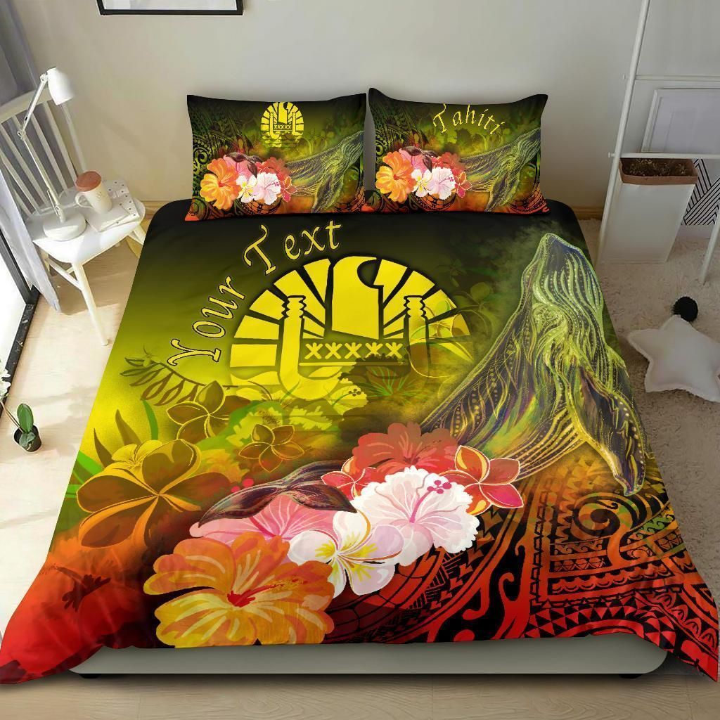 Alohawaii Bedding Set – Cover And Pillow Cases Tahiti Custom Personalised – Humpback Whale With Tropical Flowers (Yellow)- Bn18