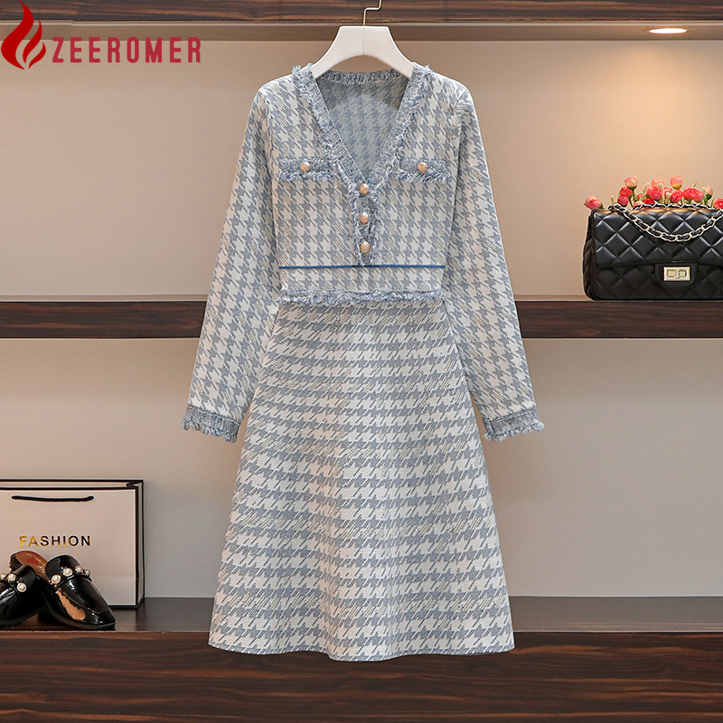 2022 Autumn Elegant Knitted Dress High Quality Women V Neck Long Sleeve Buttons Tassel Dress Vintage Houndstooth Sweater Dress alx