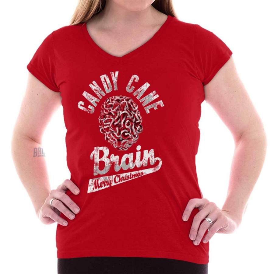 Candy Cane Brain Trendy Cool Fashion Funny Christmas Junior V-Neck Tee