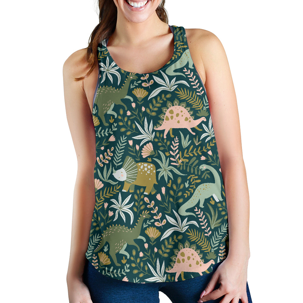 Dinosaurs Tropical Leaves Flower Pattern Women Racerback Tank Top