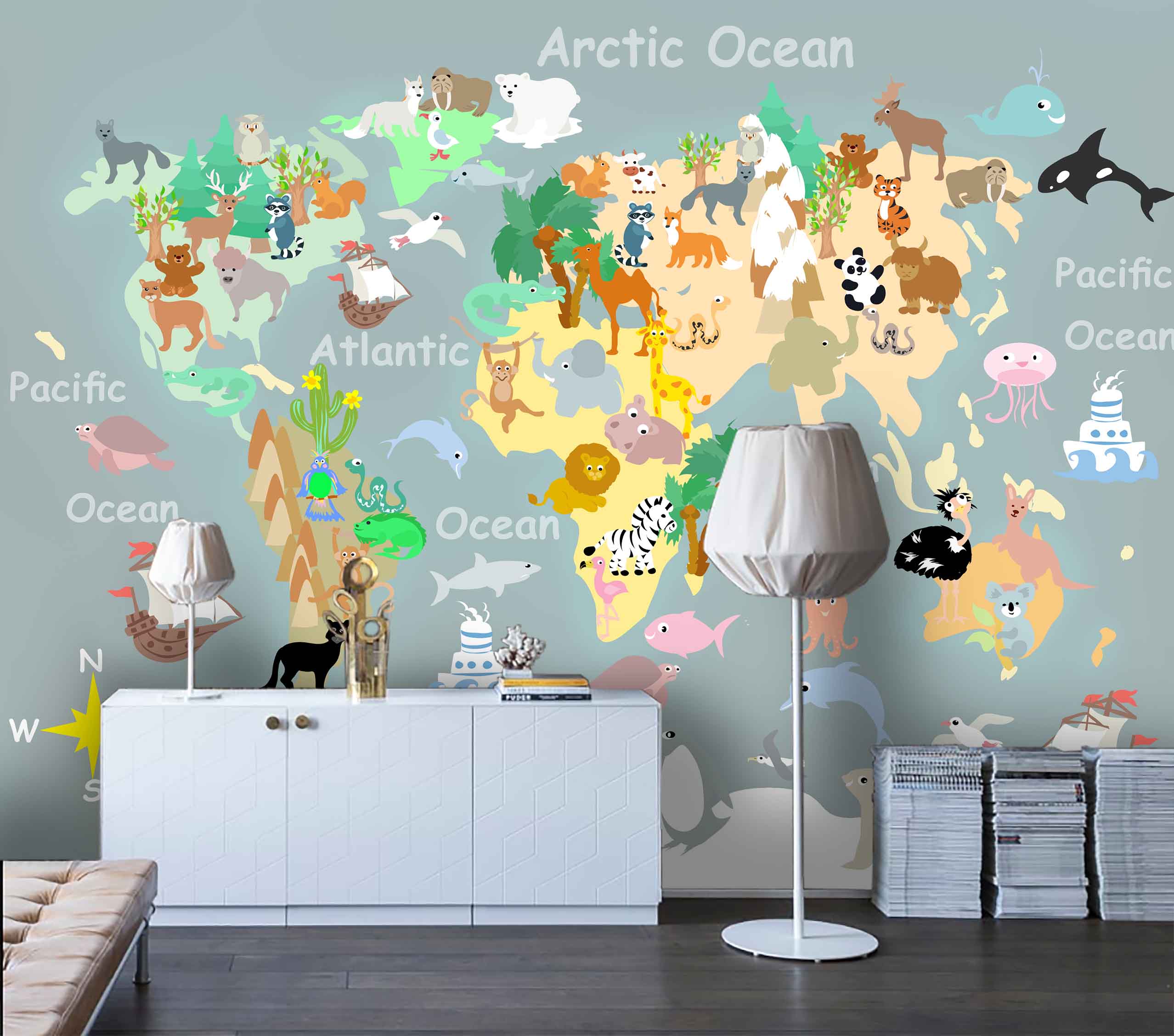 3D Cartoon Animal World Map Wall Mural Wallpaper 82