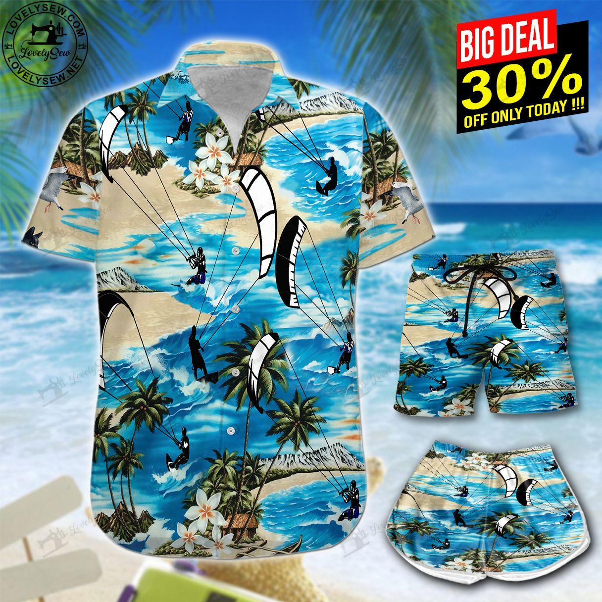 Kitesurfing Blue Sea Hawaiian Shirt Shorts Ha15387