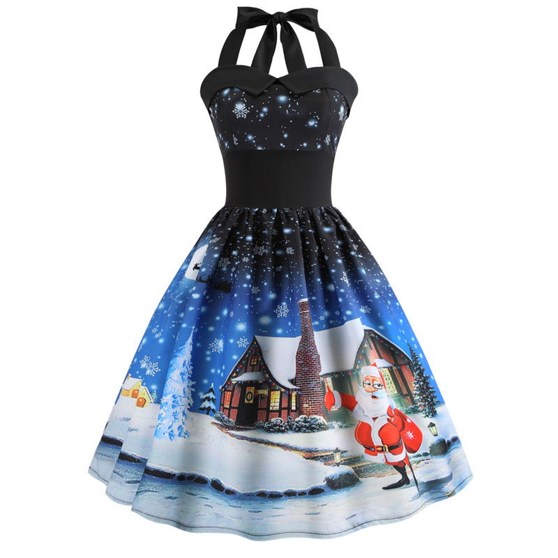 Women Vintage Christmas Dress Elegant Halter Sexy Party Casual Swing Robe High Waist Snowflake Cat Print Midi Sundress alx