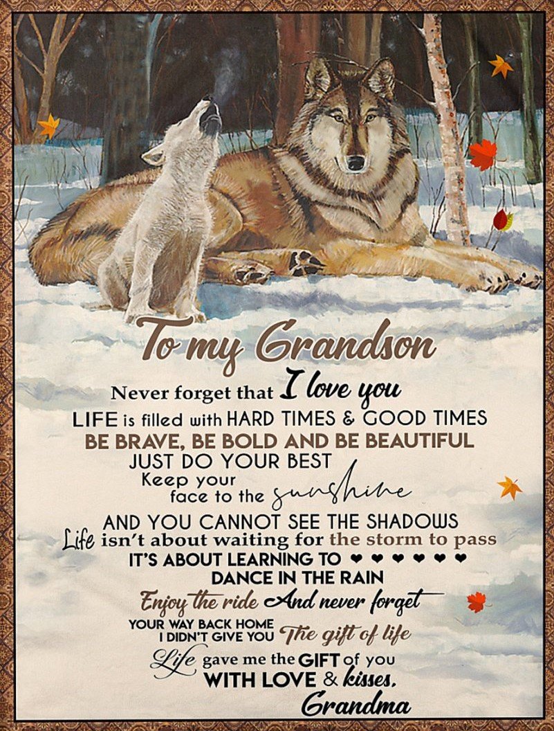 To My Grandson Fleece Blanket, Personalized Birthday Gift For Grandson From Grandma Blanket, Winter Wolf Blanket