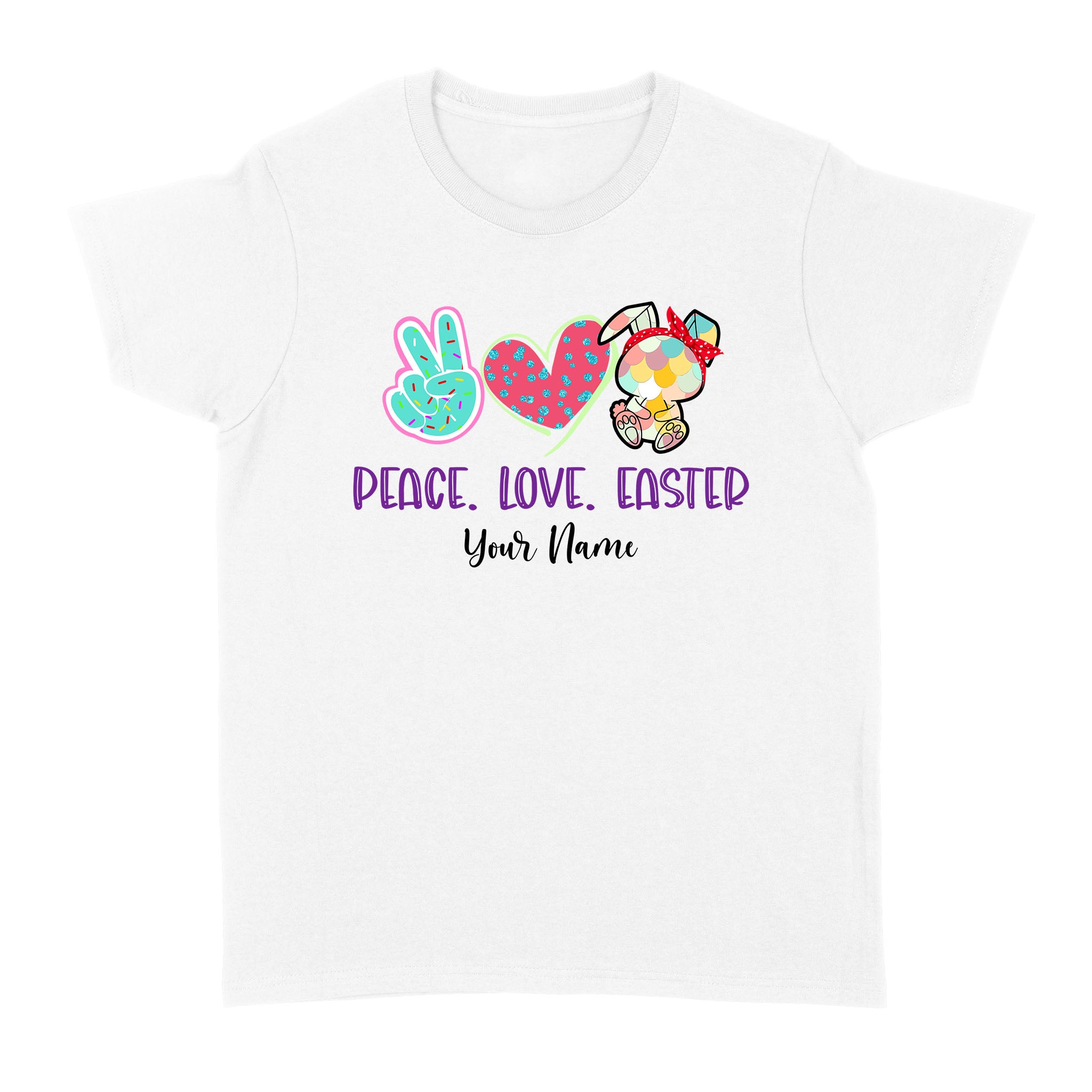 Peace Love Easter Personalized Shirt, Easter Bunny Sublimation Women’s T-shirt Gift for Easter day Chipteeamz – TNN175