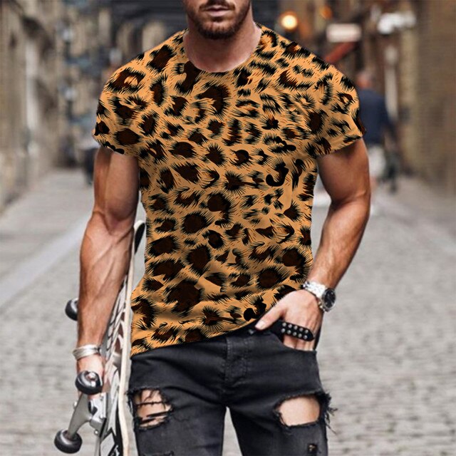 Streetwear Round Neck Short Sleeve Leopard Pattern T Shirt