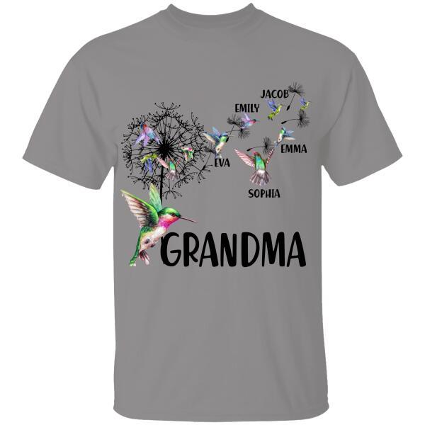 Grandma And Grandkids Bird Hummingbird Dandelion Flowers Personalized T-shirt Family Custom Shirt, Gift For Family