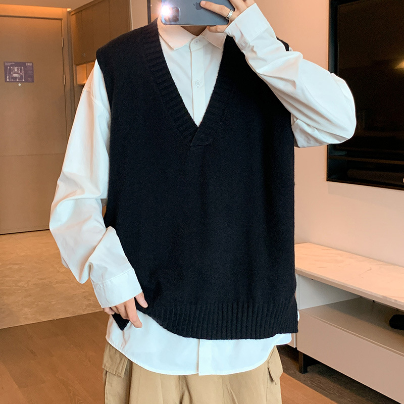 Solid Simple Sweater Vest Men V-neck Loose Basic Students All-match Casual Oversize Males Knitting Jumpers Harajuku Sleeveless alx