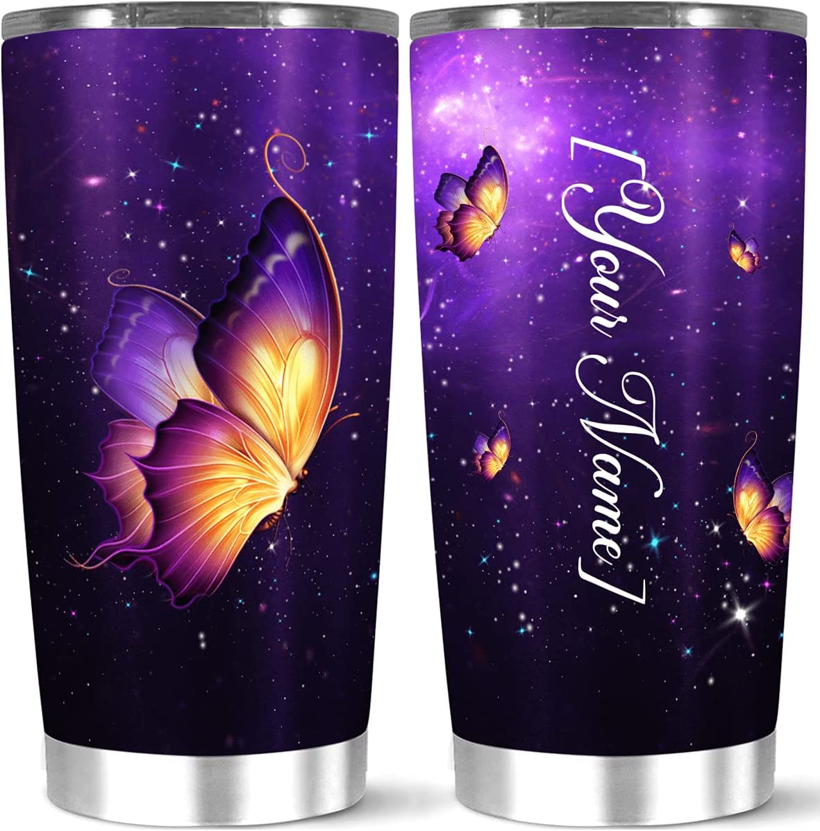 Personalized Coffee Tea Tumbler, Customize Aesthetic Purple Galaxy Butterfly Tumbler, 20 30 Oz Stainless Steel Tumblers For Men Women Boy Girl Teen, Unique Birthday Gift Home Use, White