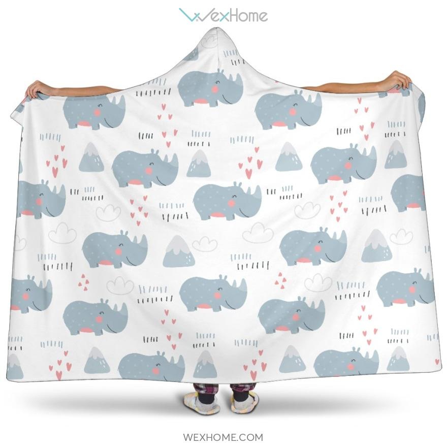 Cute Rhino Heart Pattern Hooded Blanket