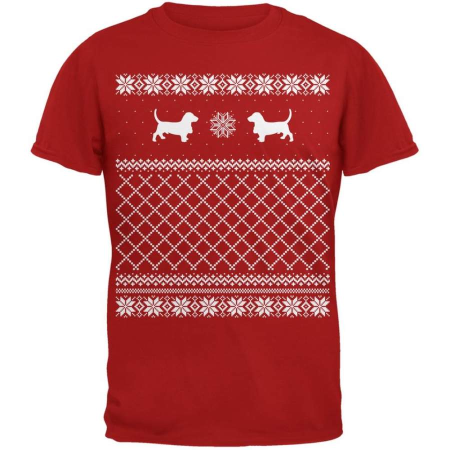 Basset Ugly Christmas Sweater Red Adult T-Shirt