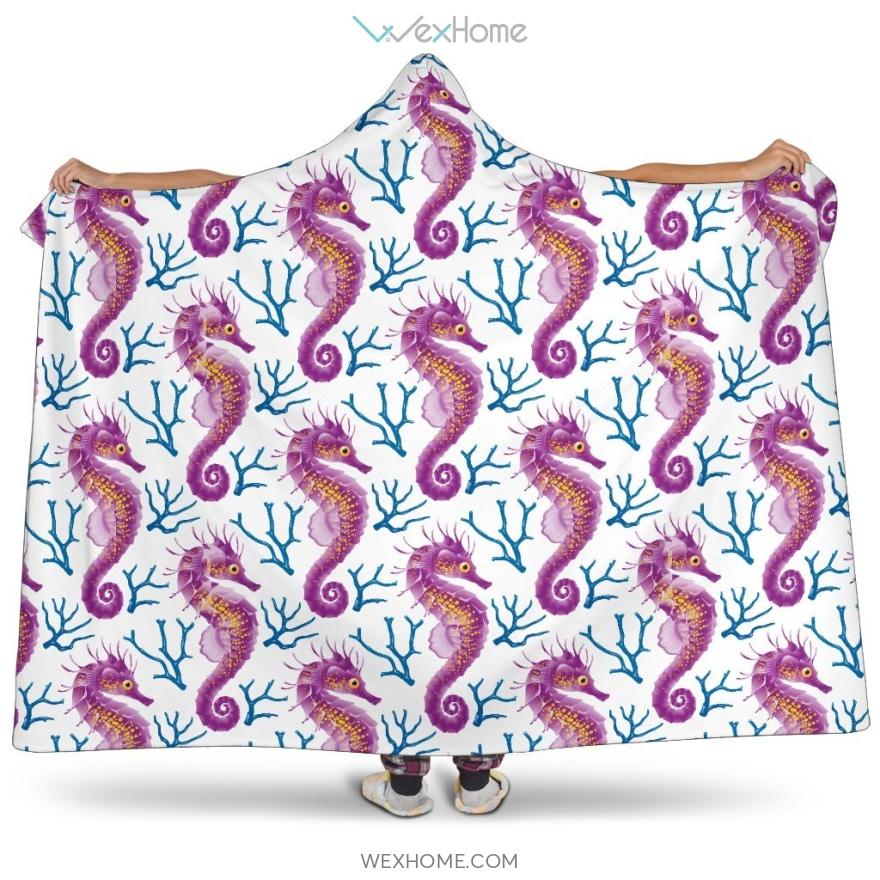 Purple Seahorse Blue Coral Pattern Hooded Blanket