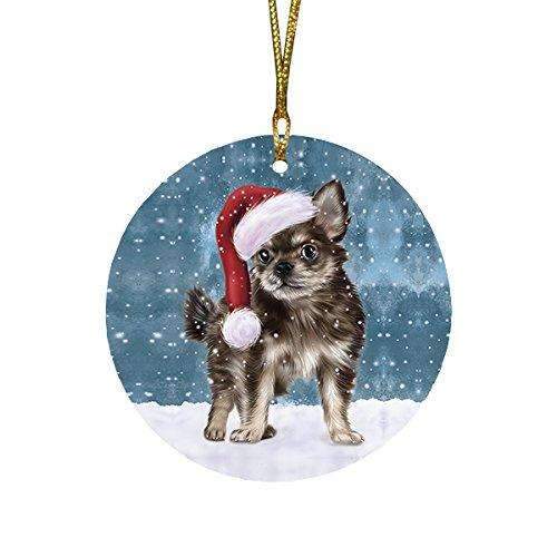 Let It Snow Christmas Holiday Chihuahua Puppy Dog Wearing Santa Hat Round Ornament D279