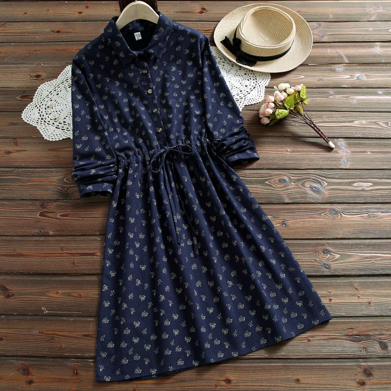 Women Vintage Floral Printed Dress Long Sleeve Mori Girl Casual Clothes Female Autumn Spring Dress Office Lady Femininos alx