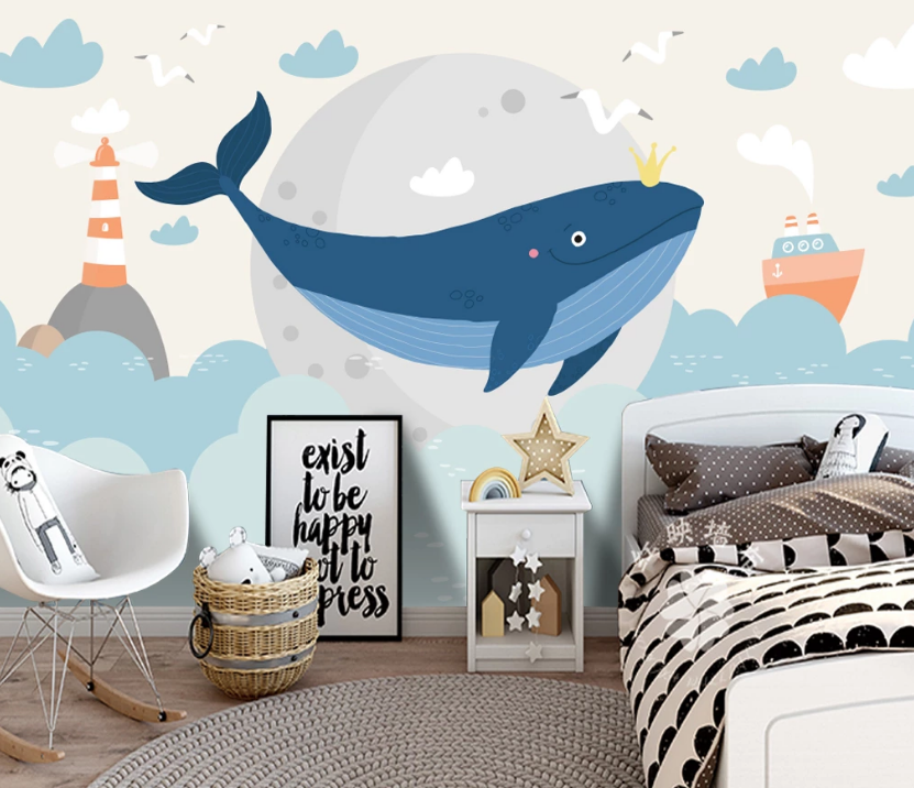 3D Cartoon Ocean Whale Fish Lighthouse Ship Cloud Background Wall Mural Wallpaper Lxl