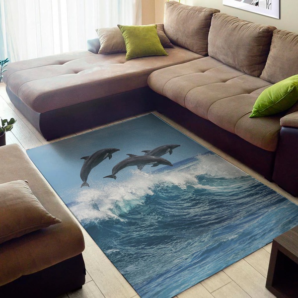 Dolphins Jumping Over Waves Print Area Rug