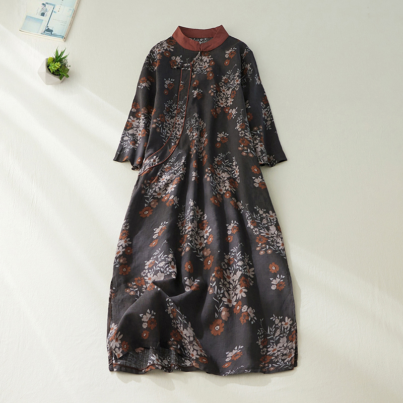 2022 New Arrival Stand Collar Print Floral Vintage Chinese Style Summer Dress Cheongsam Robes Loose Women Casual Midi Dress alx