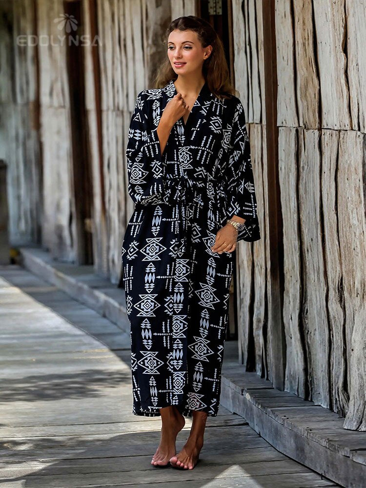 2022 Casual Printed Long Sleeve Self Belted Kimono Dress Women Casual Elastic Waist Long Loose Slit Beach Dresses Q1340 alx