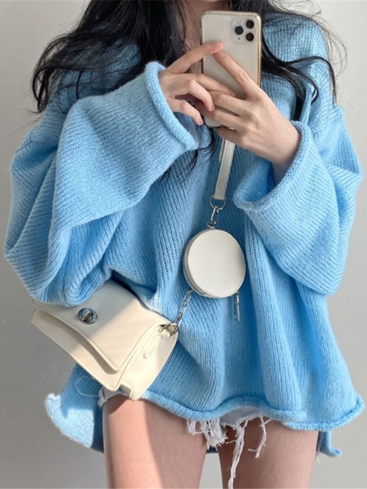 2023 Autumn Winter Coats Women’s Clothing Blue Vintage Knitting Sweater V Neck Long Sleeves Casual Korean Fashion Ladies Tops alx