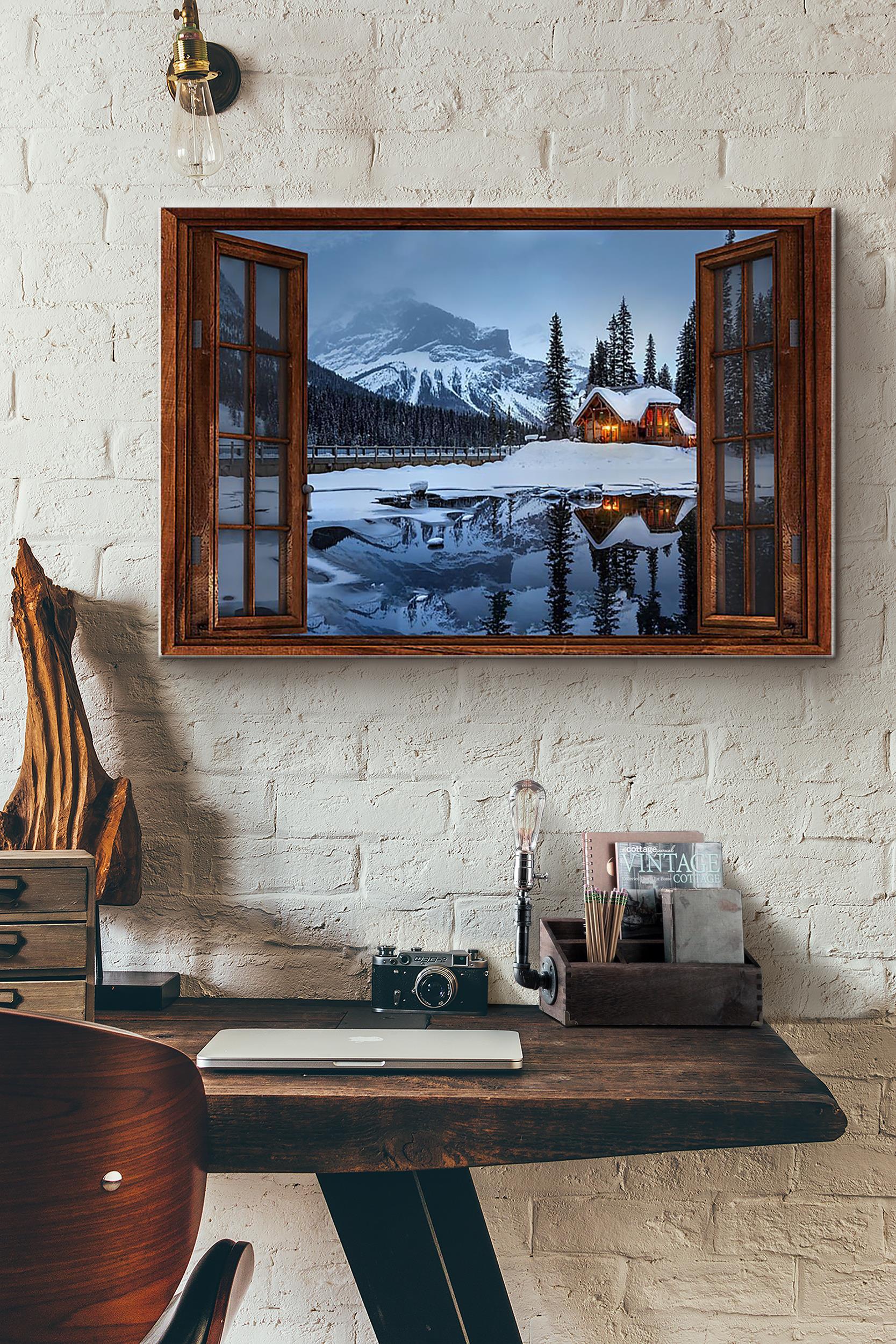 Window View Lake Village Winter Poster Wrapped Canvas