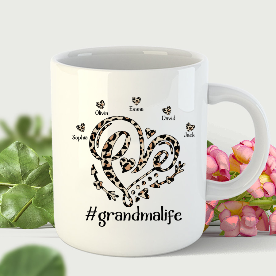 Leopard Heart Custom Names Grandma Life Mug