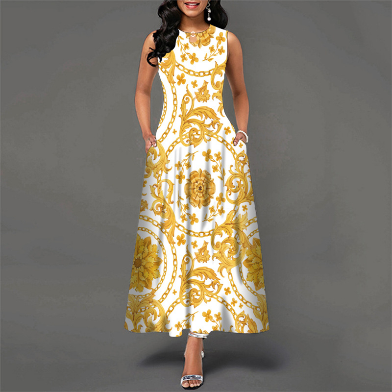 Bohemian Floral Printing Hollow Out Dresses For Women 2022 Large Swing Vintage High Waist Maxi Party Slim Sleeveless Maxi Dress alx