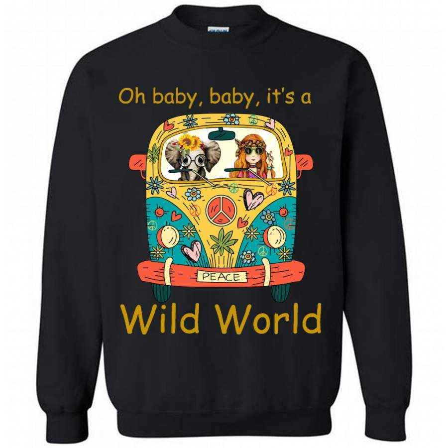 Oh Baby Baby It’s A Wild World, Hippie Car Girl, Peace Sign, Elephant Design – Gildan Crewneck Sweatshirt