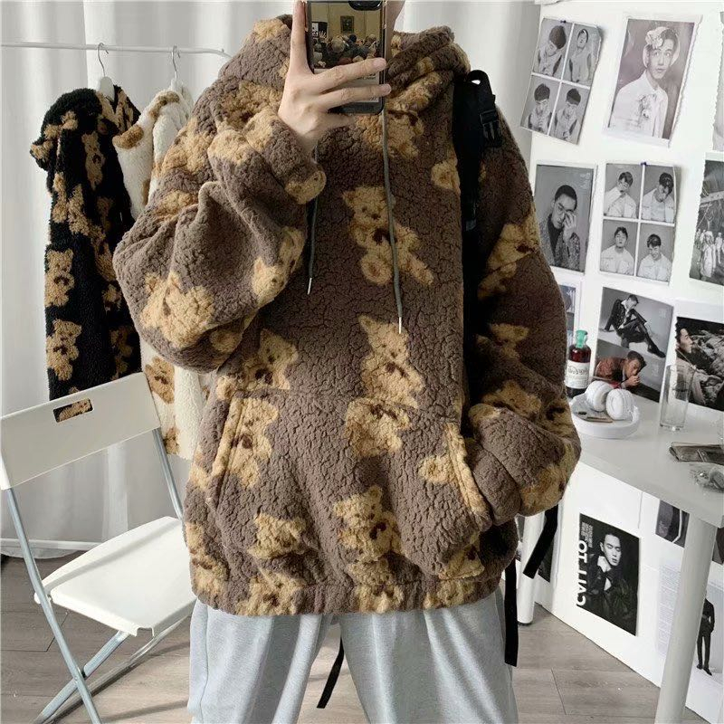 V-hanver little bear Pattern furry Hoodie 2020 Winter Warm Plush sweet Pullovers Woman Vintage korean Style loose Sweatshirt alx