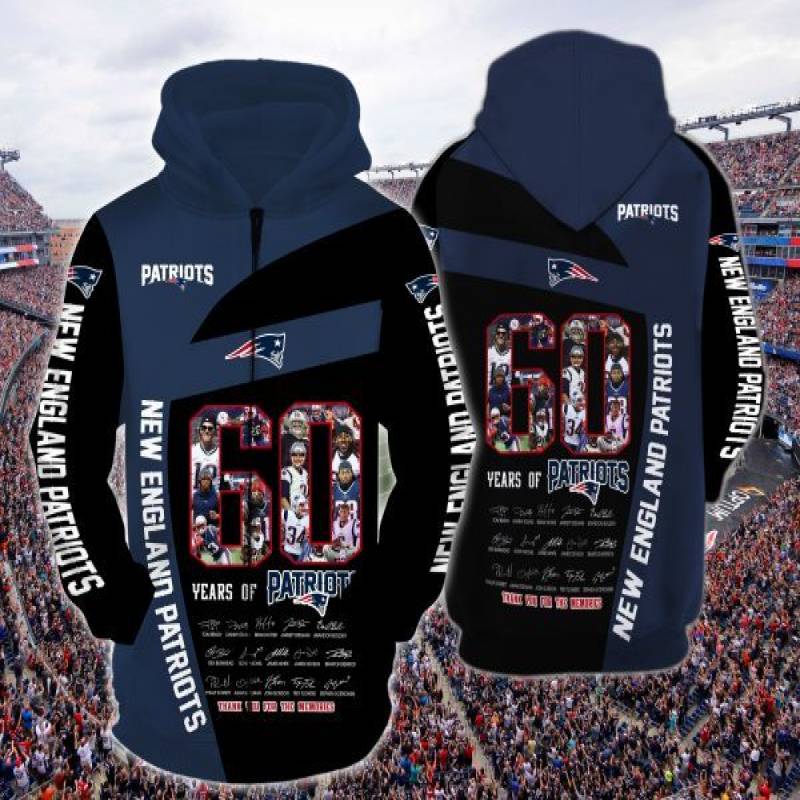 New England Patriots 60 Years of Patriots All Over Print 3D Zipper Hoodie, New England Patriots Apparel