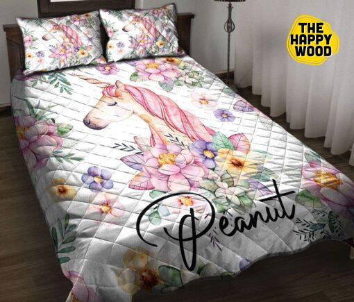 Unicorn Flowers Personalized Quilt Bed Set And Pillow Covers