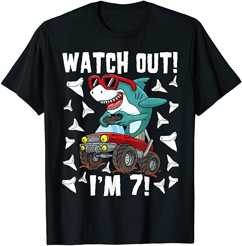 7 Years Old 7th Birthday Shark Boy Girl Monster Truck Gamer T-Shirt