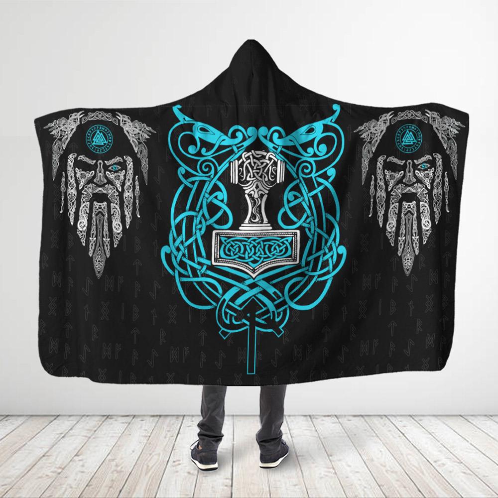 ViticStore™ 3D All Over Printed Blue Neon Viking Symbols With Viking Warrior – Black Hooded Blanket