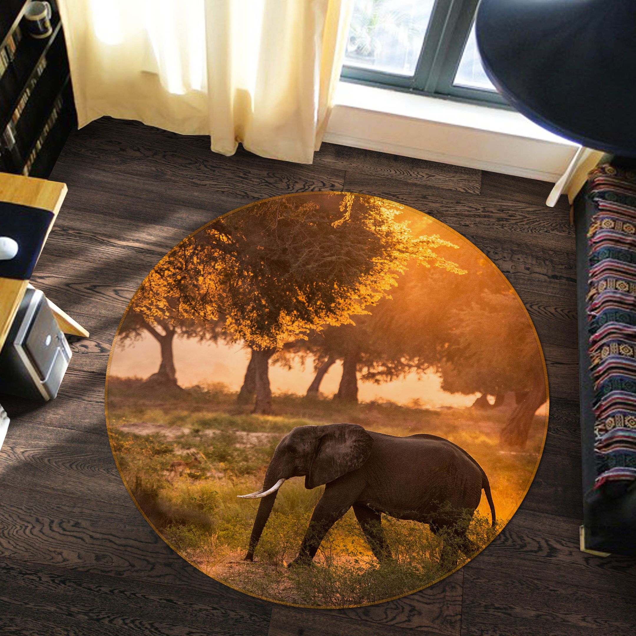 3d Elephant In Safari Sunset Round Rug Home Decor