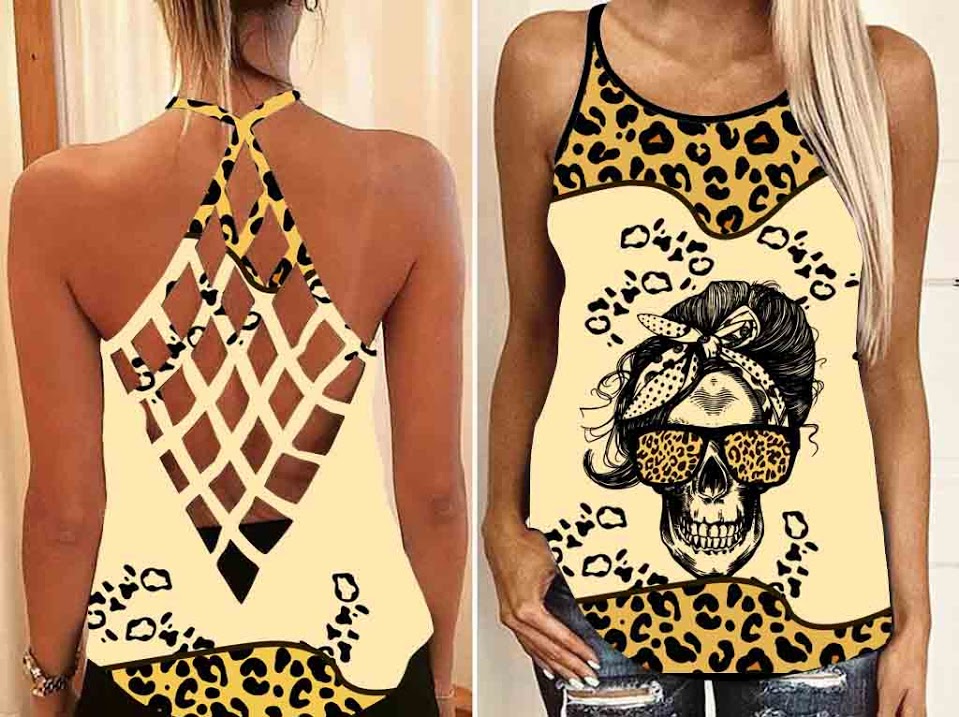 Skull Leopard Tatoo Art Tank Top Mesh Shirt Women – Criss Cross Open Back Camisole Tank