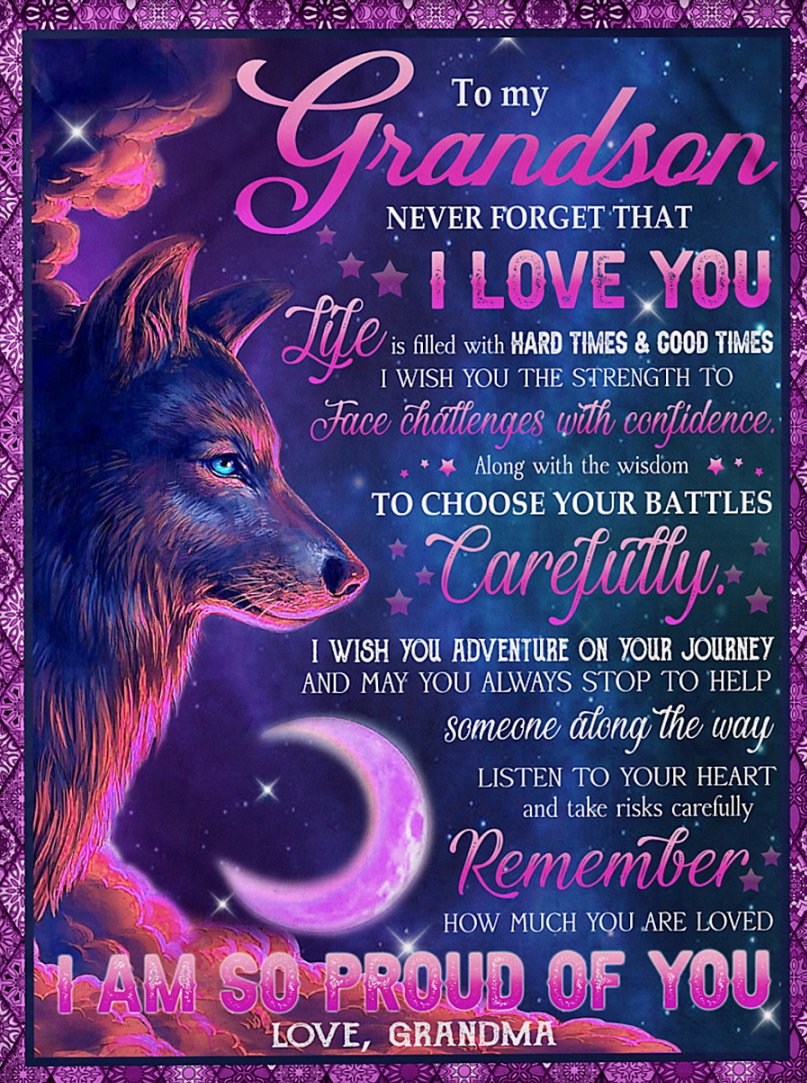 To My Grandson Fleece Blanket, Personalized Birthday Gift For Grandson From Grandma Blanket, Wolf Pink Blanket