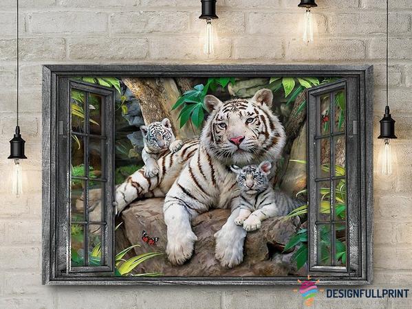 White Tiger Tricky Window Open Poster Print, Canvas Poster Wall Art, Canvas Print Wall Decor