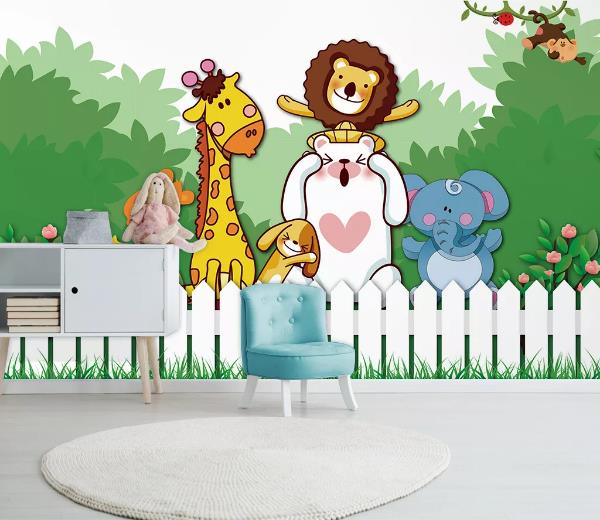 3D Cartoon Animal Lion Giraffe Elephant Wall Mural Wallpaper 1027