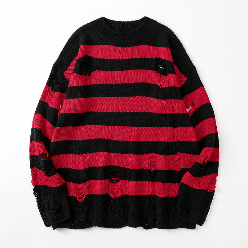 Black Striped Sweater Ripped Sweater Men Pullover Hollow Out Hole Knit Jumpers Punk Unisex Loose Oversized Pullovers Streetwear alx