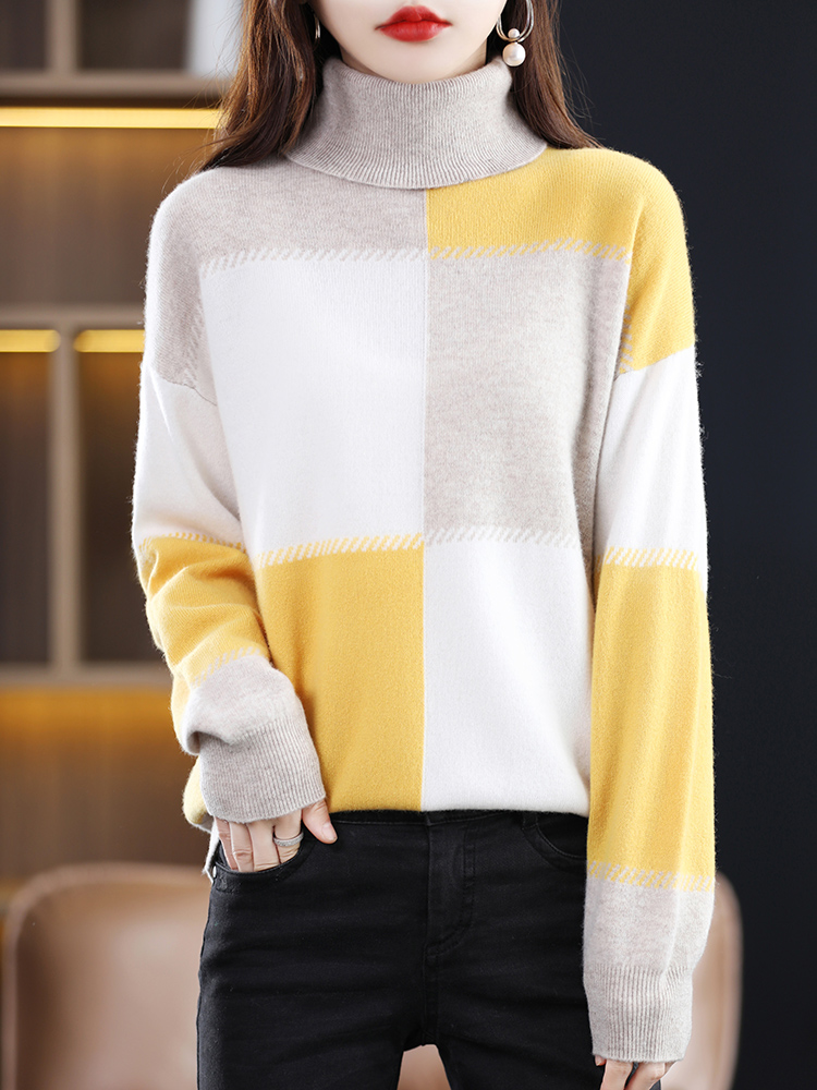 2022 Autumn / Winter New Cashmere Sweater Women’s Turtleneck Pullover 100% Pure Wool Knitted Color Matching Tops Casual Fashion alx