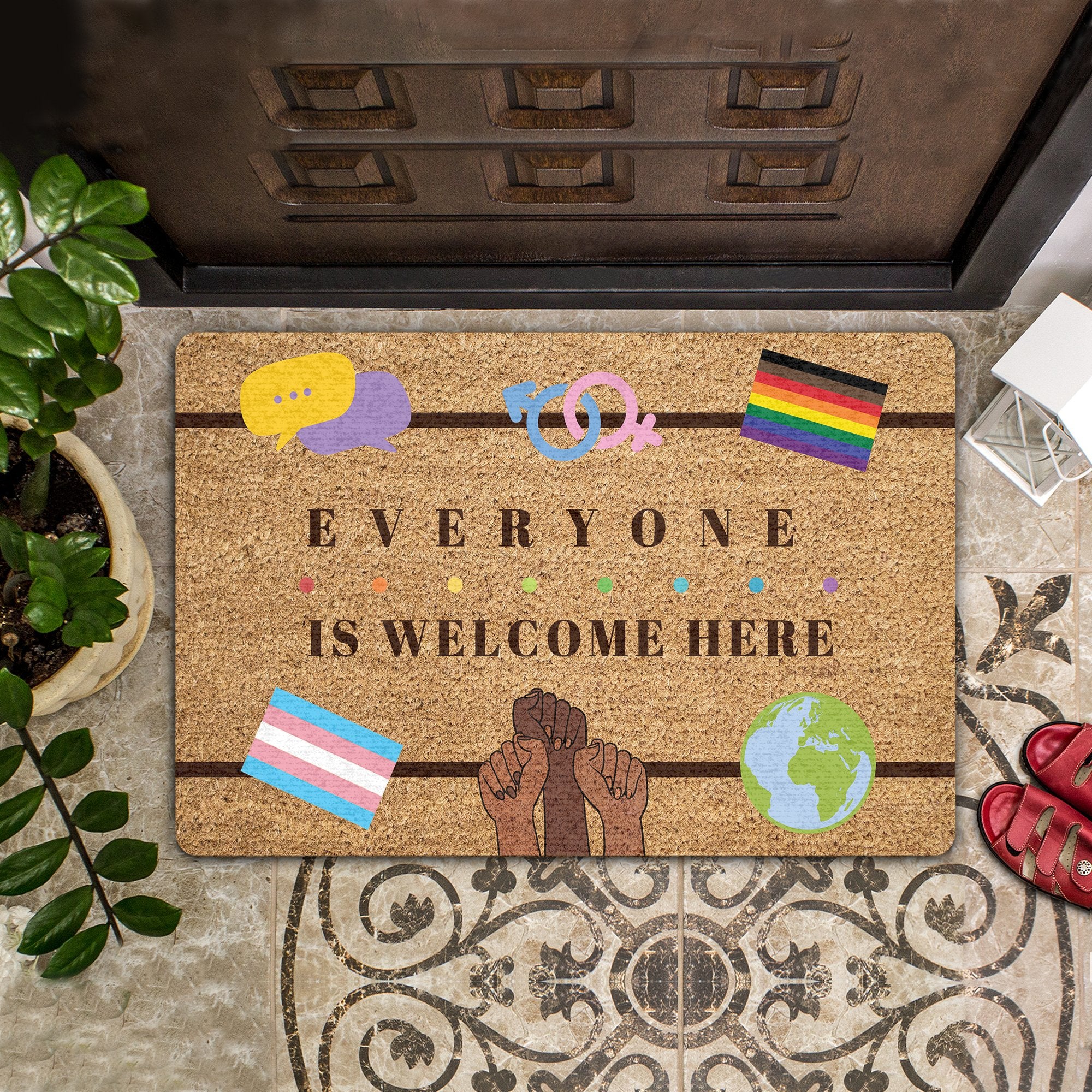 Everyone Is Welcome Here Coir Pattern All Over Printing Doormat Pre2009