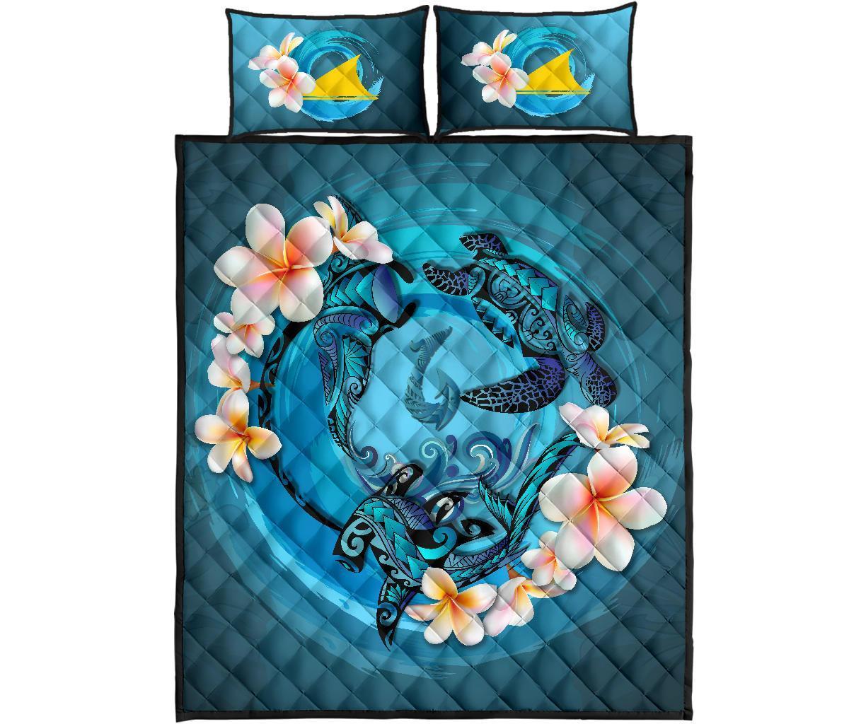 Tokelau Polynesian Quilt Bed Set – Blue Plumeria Animal Tattoo A24