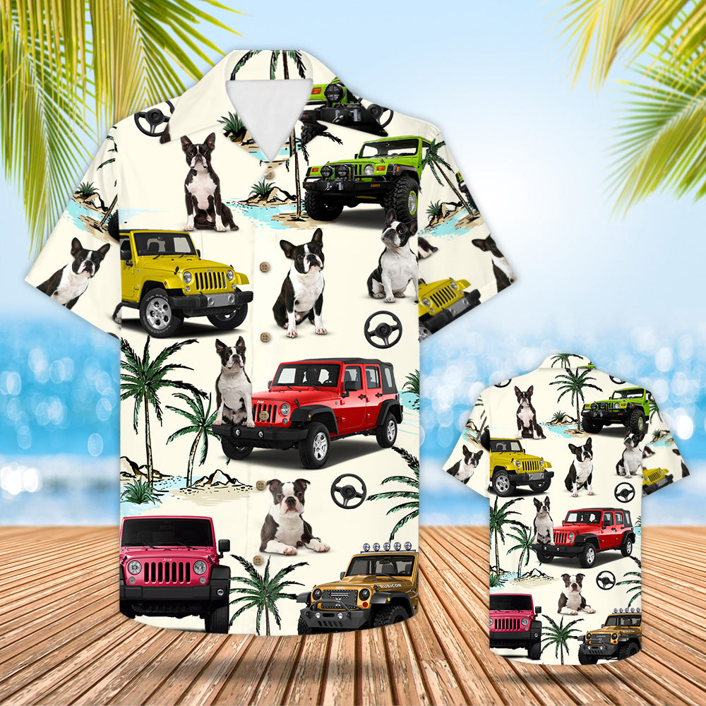 Jeep Boston Terrier Hawaiian Shirt – Gift For Jeep Trips – Boston Terrier And Jeep Pattern Trna