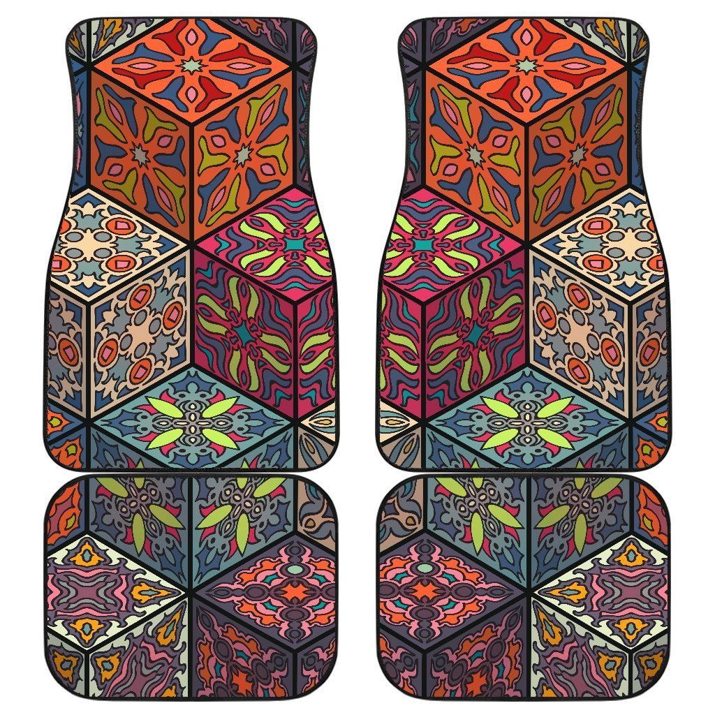 Bohemian Indian Box Pattern Print Front And Back Car Floor Mats, Front Car Mat