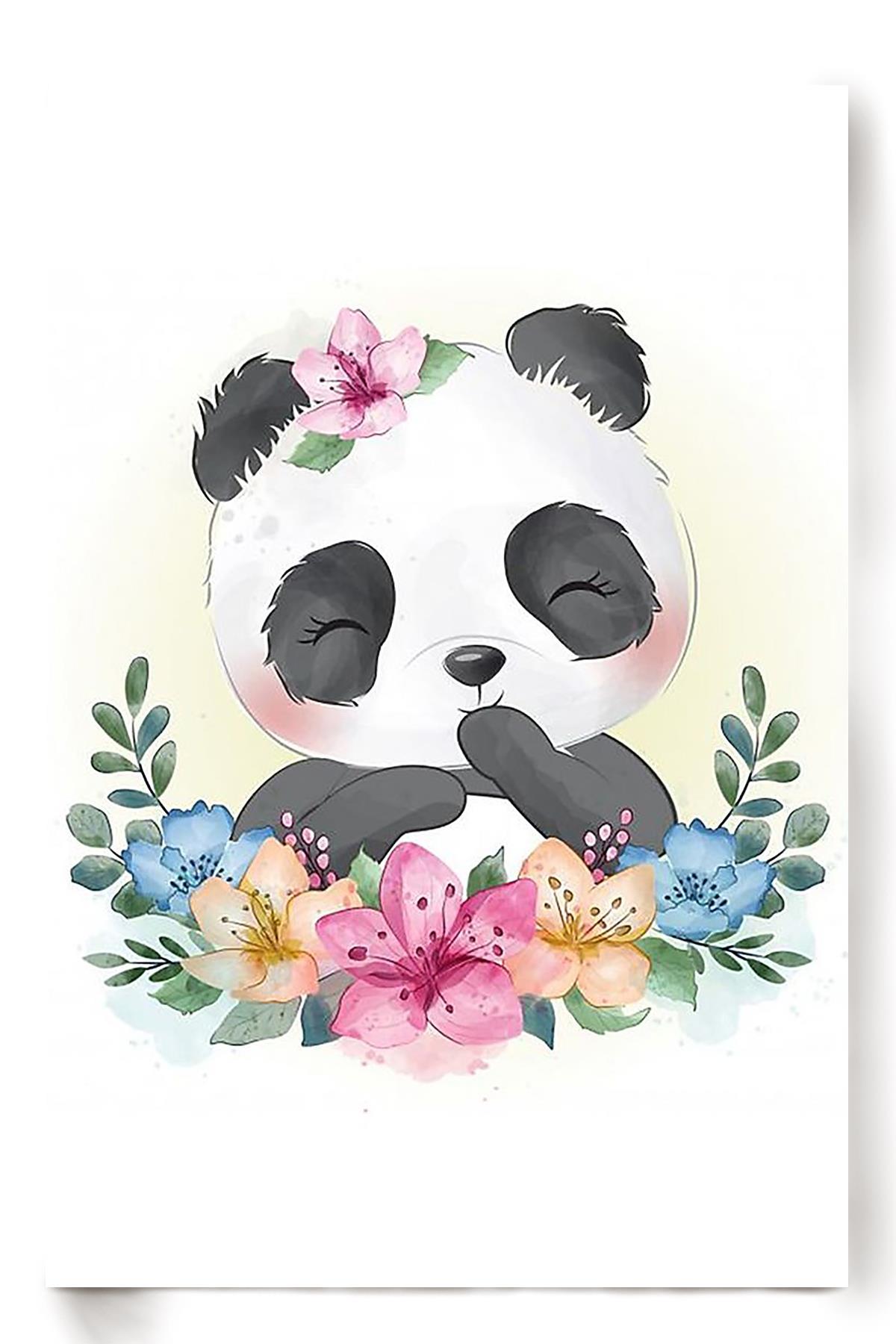 Baby Panda Smiling Watercolor Flower Wall Art Gift For Chinese Friend Home Decor Housewarming Poster