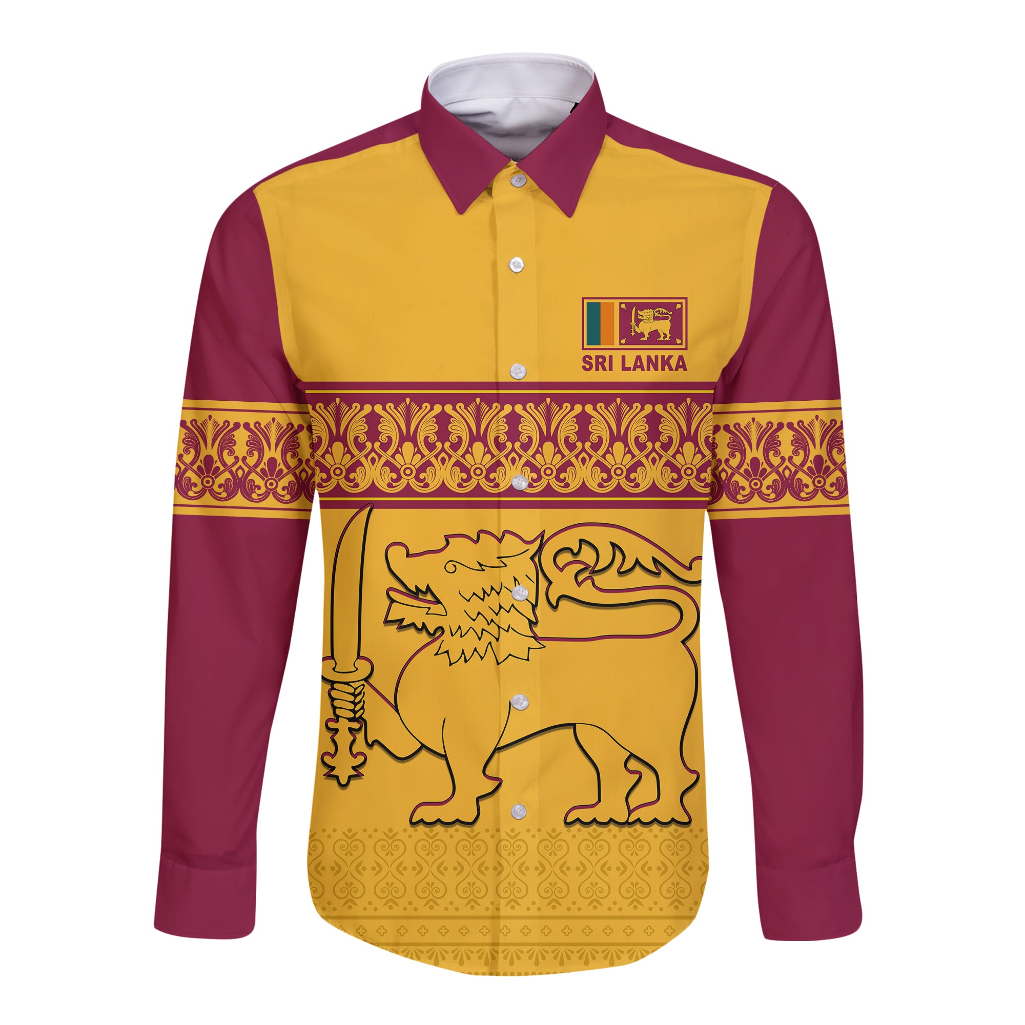 (Custom Text And Number) Sri Lanka Hawaii Long Sleeve Button Shirt Traditional Pattern And Lion Flag Lt13