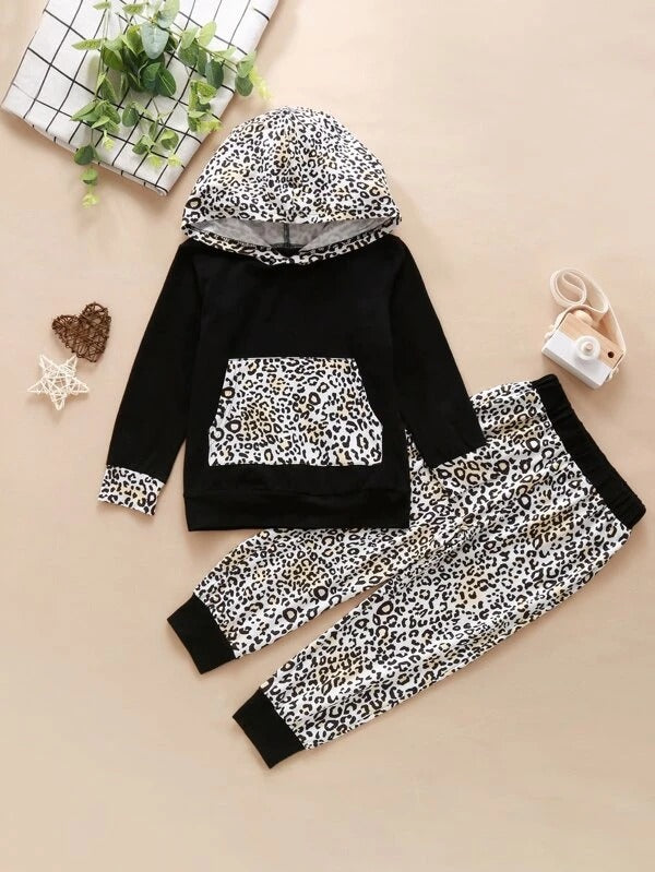 Toddler Girls Kangaroo Pocket Hoodie & Leopard Pants